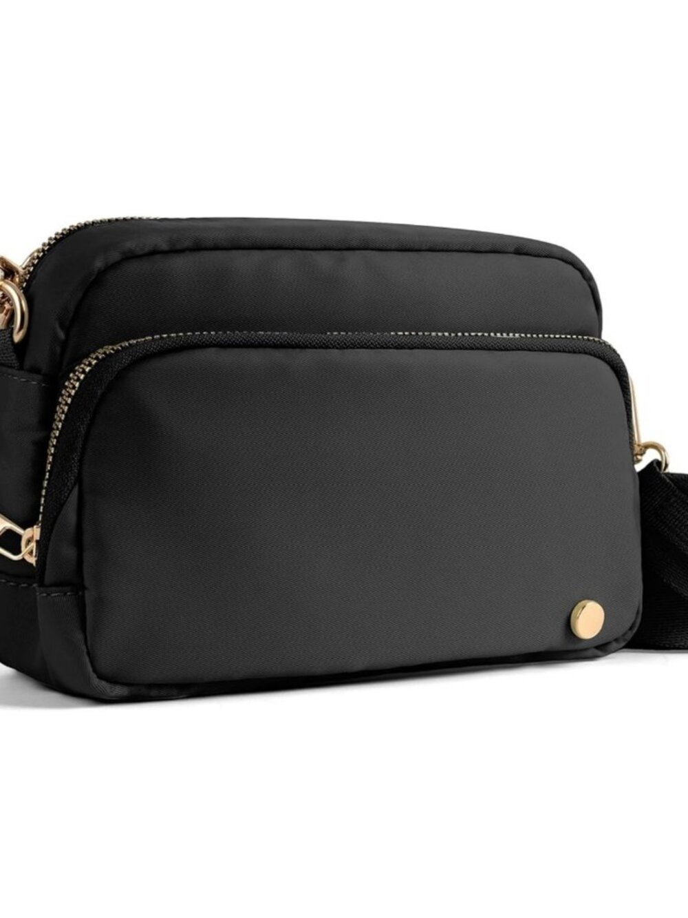 Black Nylon Anti Theft Crossbody Sling Bag with Gold Accents